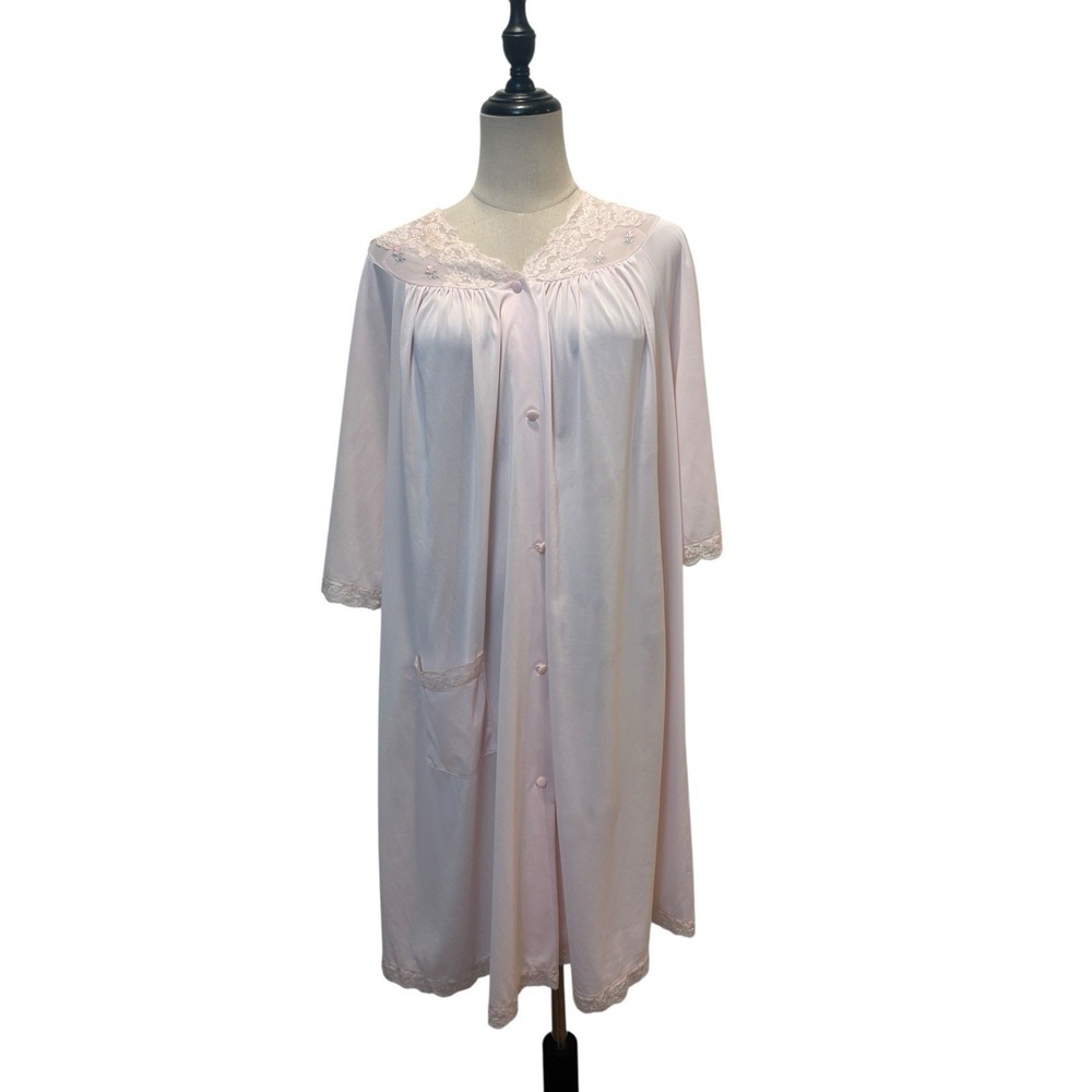 Vtg‎ Shadowline Pink House Coat Robe Nightgown Sz L Grandma Cottage Coquette